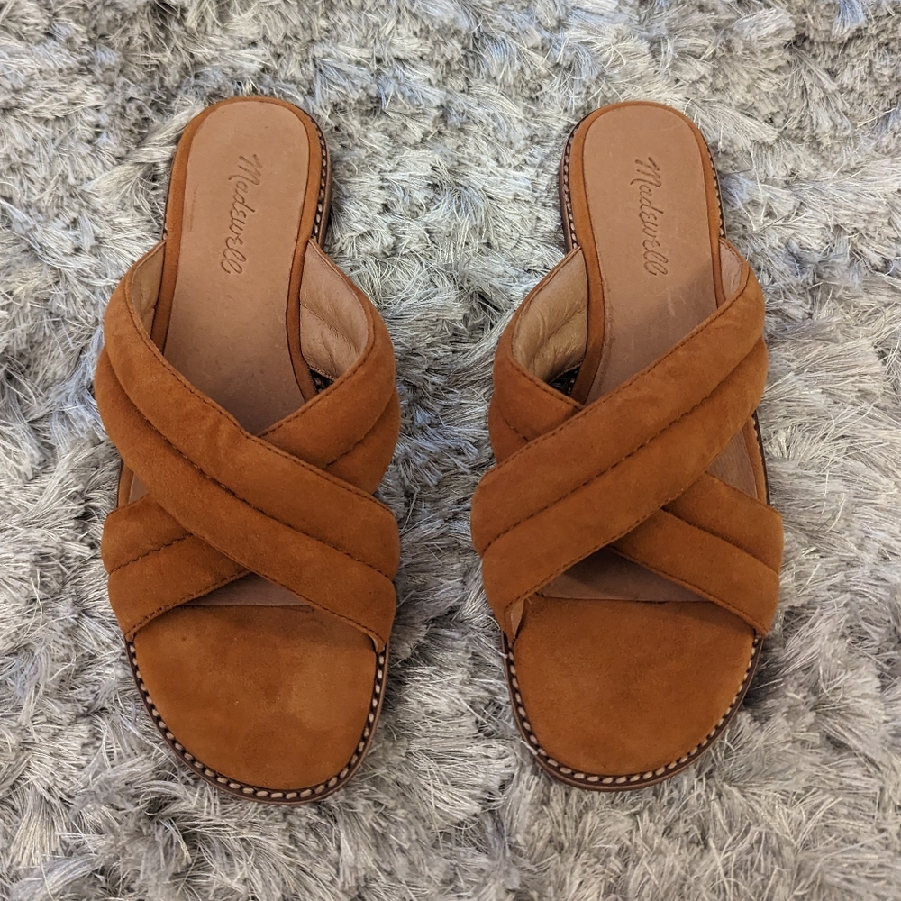 Madden Girl Tan Suede Crisscross Slide Sandals